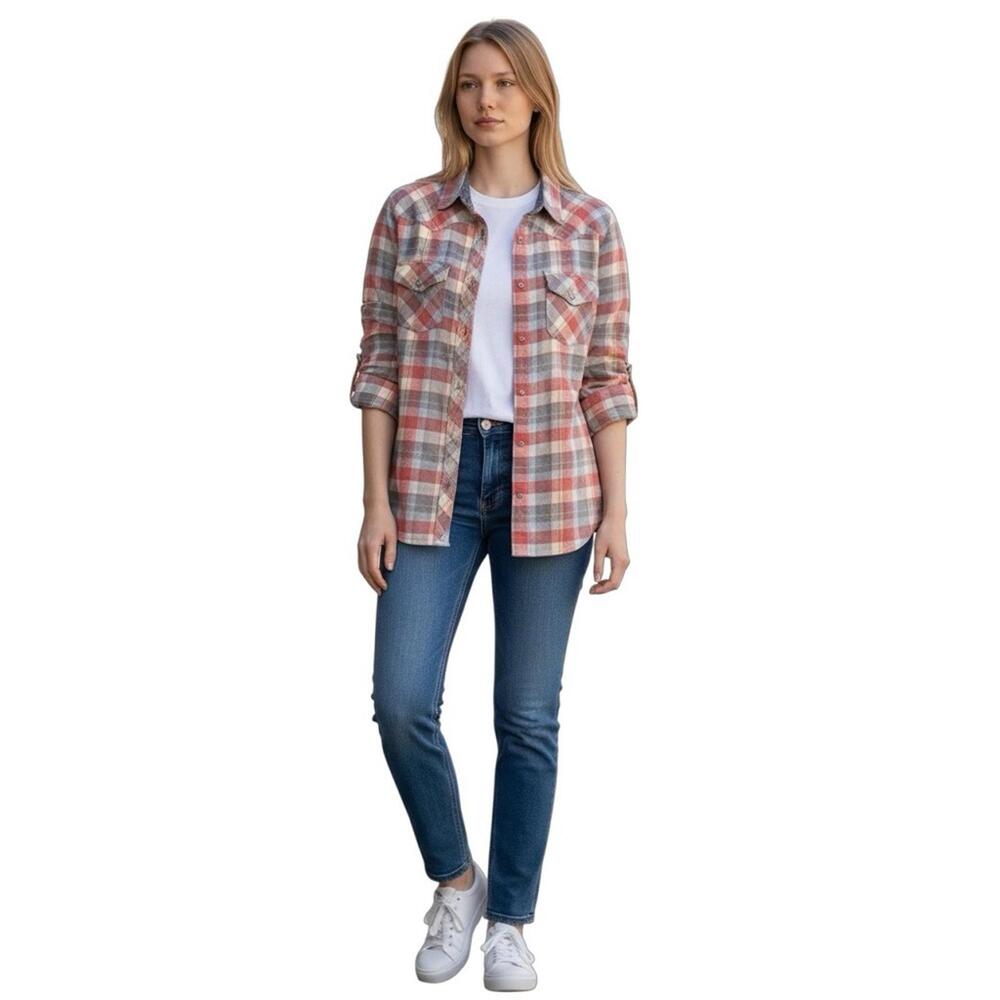 JACHS Girlfriend Western Bea Flannel Plaid Snap Button Down Shirt Red Blue Sz M - Picture 4 of 9